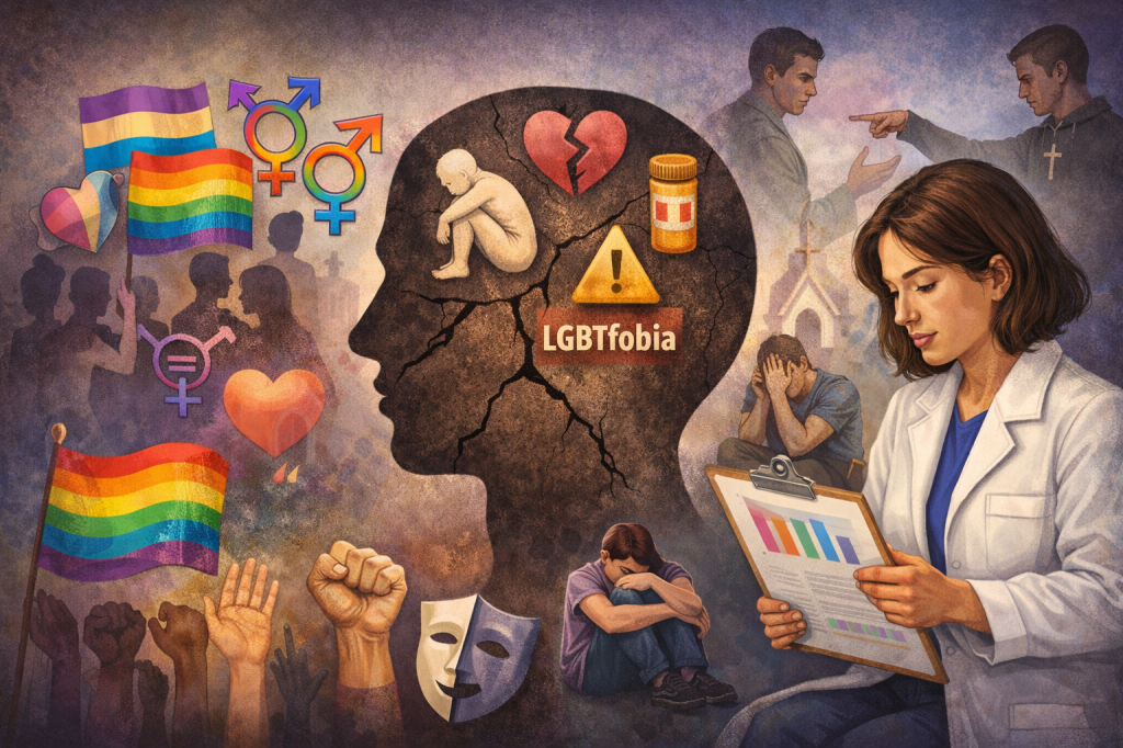 Ilustração sobre sofrimento psíquico da população LGBTQIAPN+ e impactos da discriminação na saúde mental