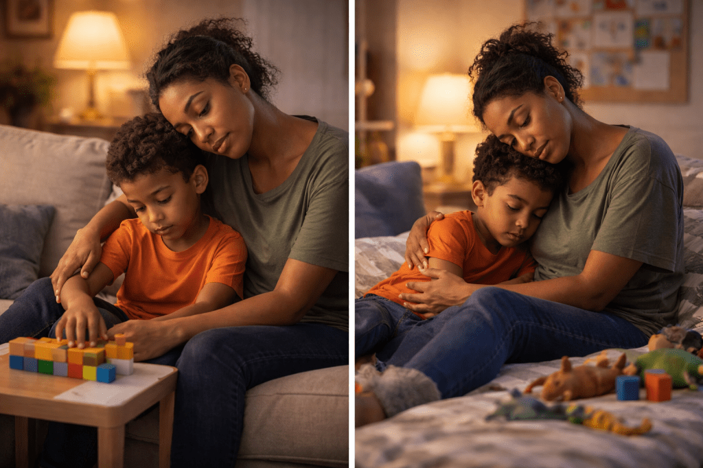 Mãe abraçando filho em ambiente doméstico, representando cuidado, cansaço e afeto na maternidade.