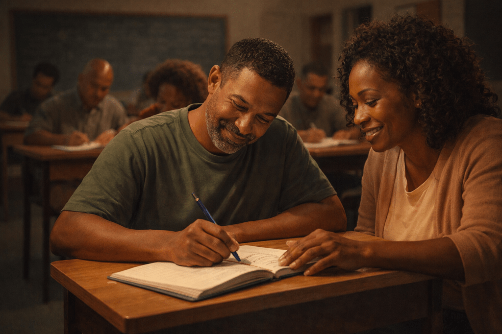 Professora auxiliando aluno adulto durante atividade de escrita em sala de aula da Educação de Jovens e Adultos (EJA).
