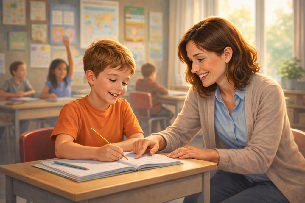 Professora ajudando aluno em sala de aula representando a importância da afetividade na aprendizagem.