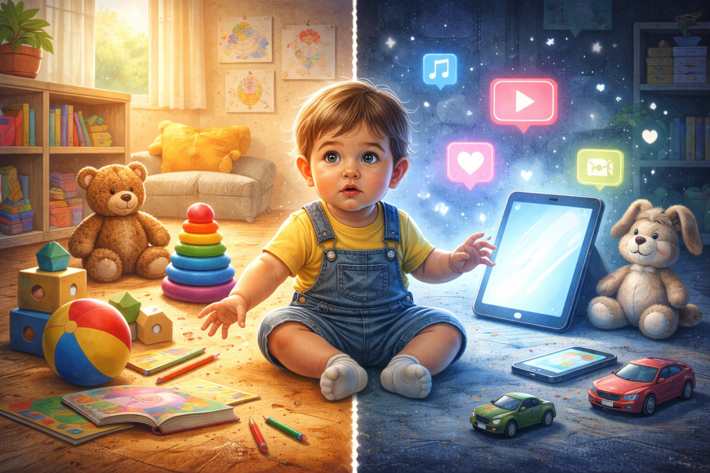 Ilustração de criança entre brinquedos tradicionais e dispositivos digitais representando o impacto das telas na infância.