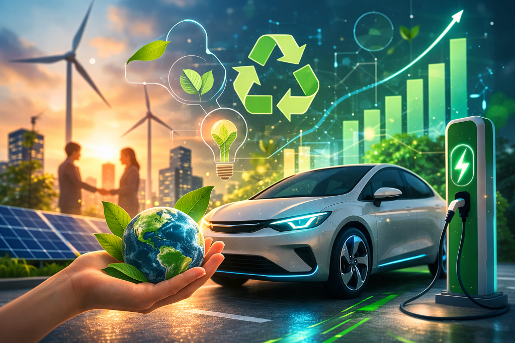 Carro elétrico conectado a estação de recarga com símbolos de sustentabilidade, energia renovável e crescimento verde no setor automotivo.