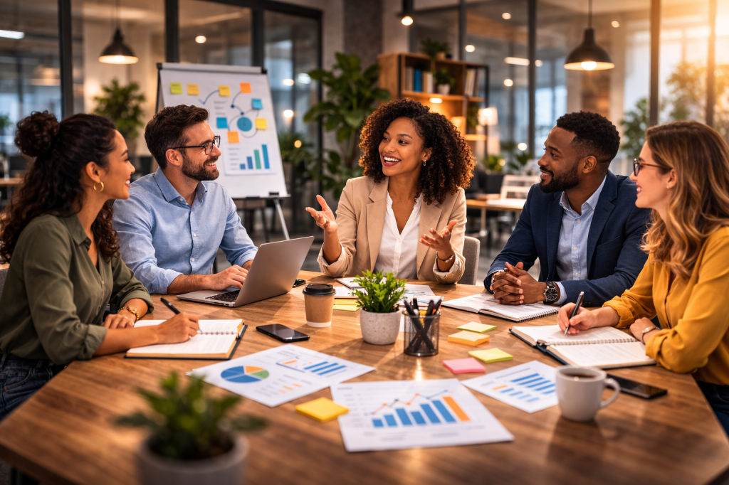 Profissionais em reunião corporativa discutindo ideias e estratégias em ambiente colaborativo.