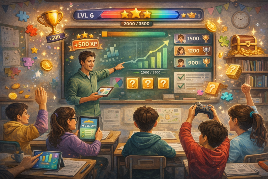 Ilustração de sala de aula gamificada com alunos participando de atividades educacionais baseadas em elementos de jogos.